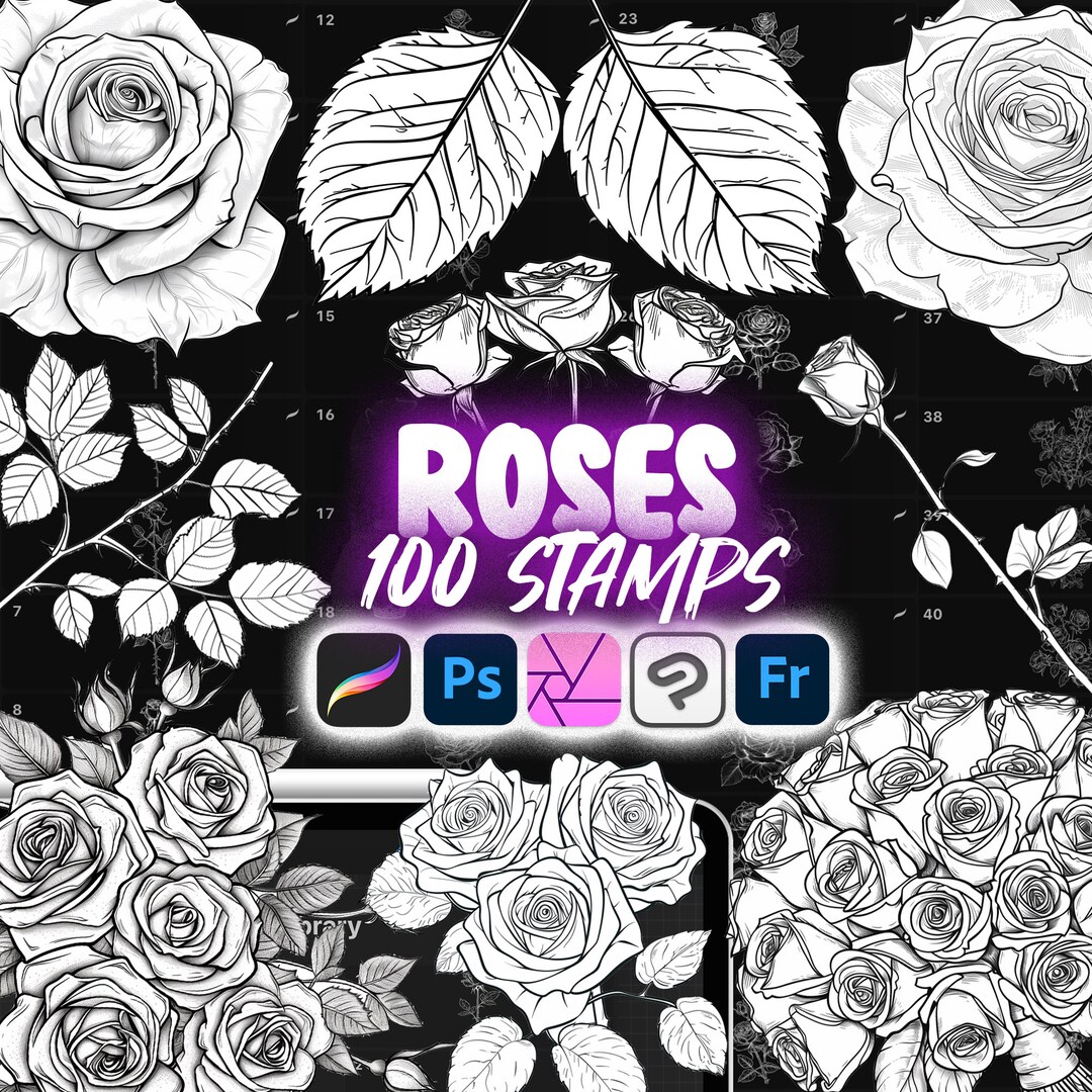 100 Procreate Roses Stamp Brushes | Photoshop Roses Brush | Clip Studio ...