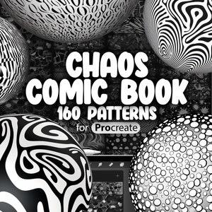May include: A digital illustration of 160 black and white comic book patterns for Procreate. The patterns are displayed on a variety of spheres and backgrounds.