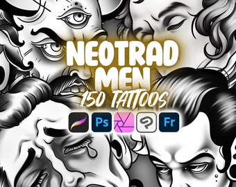 150 Sellos de tatuajes para hombres neotradicionales Procreate / Tatuaje de caballero neotradicional de Photoshop / Clip Studio Paint Man Face Tattoo