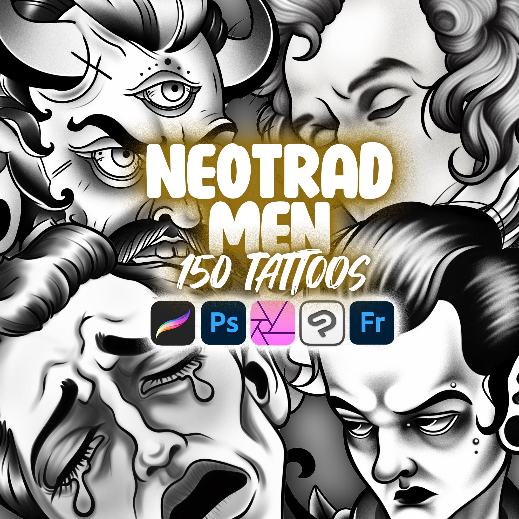 150 Procreate Neotraditional Men Tattoo Stamps | Photoshop Neo