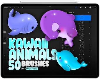 Puede incluir: Una ilustración digital de una pantalla de tableta que muestra un conjunto de 50 pinceles de animales kawaii para Procreate. La imagen muestra tres animales de dibujos animados: un tiburón azul, una ballena morada y un delfín azul. El texto "KAWAII ANIMALS 50 BRUSHES for Procreate" se muestra en la pantalla.