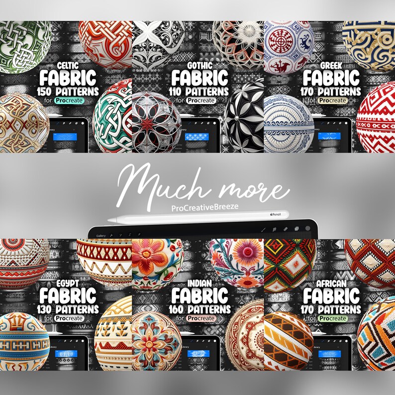 May include: A digital illustration of 10 different fabric patterns for Procreate. The patterns are displayed on spheres with various colors and designs, including Celtic, Gothic, Greek, Egyptian, Indian, and African.