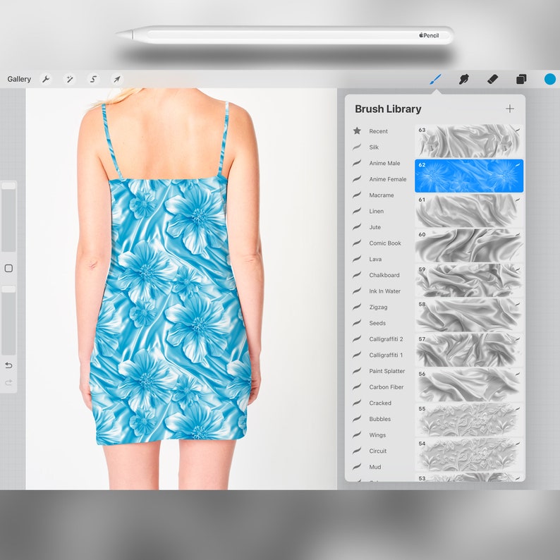 May include: A digital art program interface showing a blue and white floral pattern on a dress. The interface also shows a list of brush options with names like "Anime Female", "Macrame", "Linen", and "Comic Book".