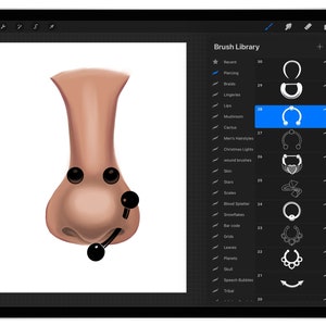 May include: A digital illustration of a nose with multiple piercings. The nose is a light brown color and the piercings are black. The image is on a digital drawing tablet with a brush library menu on the right side of the screen. The brush library menu shows a variety of brushes, including a blue horseshoe-shaped brush labeled "Mushroom".