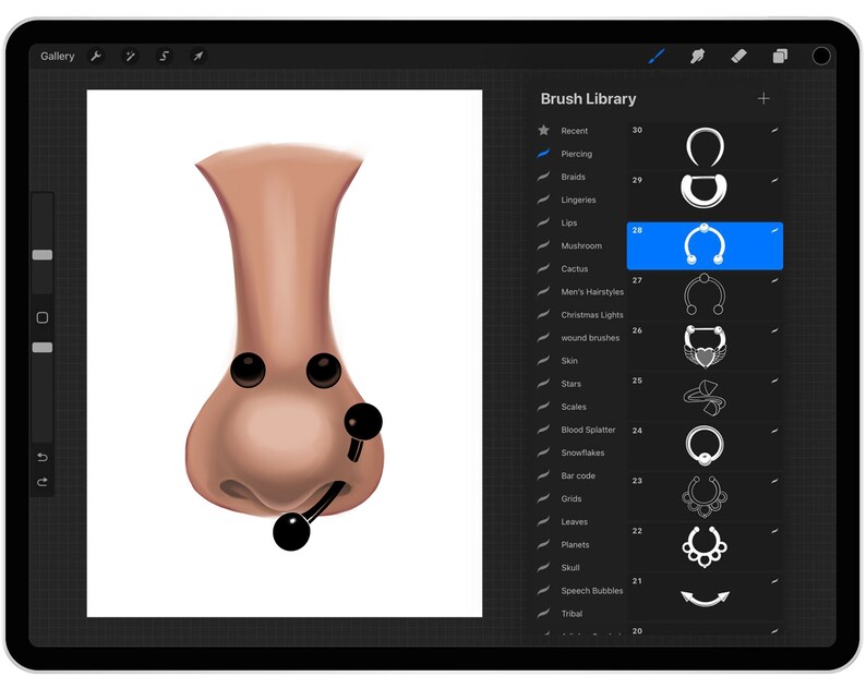 May include: A digital illustration of a nose with multiple piercings. The nose is a light brown color and the piercings are black. The image is on a digital drawing tablet with a brush library menu on the right side of the screen. The brush library menu shows a variety of brushes, including a blue horseshoe-shaped brush labeled "Mushroom".