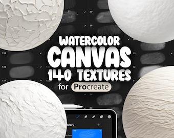 Puede incluir: Una ilustración digital de una pantalla de tableta que muestra una biblioteca de 140 texturas de lienzo de acuarela para Procreate. La imagen muestra una variedad de texturas, incluidas superficies agrietadas, arrugadas y lisas. El texto "WATERCOLOR CANVAS 140 TEXTURES for Procreate" se muestra en letras grandes y negritas.