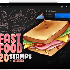 Peut inclure: Une illustration numérique d'un sandwich avec un drapeau sur le dessus. Le sandwich est composé de pain, de laitue, de tomate, de fromage et de jambon. Le texte "FAST FOOD 20 STAMPS for Procreate" est en lettres roses et jaunes sur un fond noir.