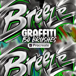 May include: A set of 150 graffiti-style brushes for Procreate, featuring a green and white design with the word "Breeze" written in a bold, stylized font.