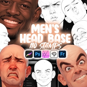 Könnte beinhalten: Eine digitale Illustration einer Sammlung von Männerkopf-Basen zum Zeichnen. Das Bild enthält eine Vielzahl von Gesichtsausdrücken und Winkeln. Der Text "Men's Head Base 110 Stamps" wird in der Mitte des Bildes angezeigt. Das Bild enthält auch Symbole für Procreate, Photoshop, Affinity Designer, Clip Studio Paint und Fresco.
