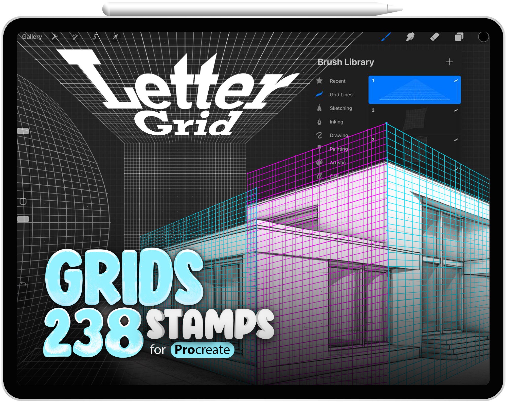 238 sellos de líneas de cuadrícula para Procreate – Guías de lettering y set de pinceles de rejillas de dibujo