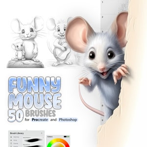 May include: A set of 50 digital brushes for Procreate and Photoshop featuring a cartoon mouse peeking out from behind a white surface. The brushes are designed for creating funny mouse illustrations. The text "FUNNY MOUSE 50 BRUSHES" is displayed in blue and white.