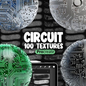 Op de afbeelding: Een set van 100 printplaattexturen voor Procreate, weergegeven als groene, zwarte en witte bollen. De tekst "CIRCUIT 100 TEXTURES for Procreate" wordt weergegeven in witte letters op een zwarte achtergrond.