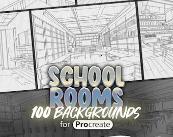 May include: A digital illustration of 100 black and white school room backgrounds for Procreate. The image shows a variety of classroom scenes, including a library, a classroom with desks and chairs, and a hallway.