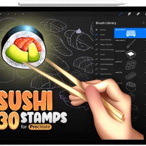 May include: A digital illustration of a sushi roll with chopsticks on a black background. The text "SUSHI 30 STAMPS for Procreate" is displayed below the sushi roll. The image is a digital download for Procreate.