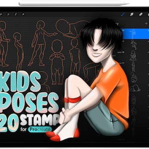 Peut inclure: Une illustration numérique d'un enfant assis les jambes croisées, portant une chaussette rayée rouge et blanche, une chaussette blanche, un short bleu et un t-shirt orange. L'illustration est sur un fond noir avec le texte "KIDS POSES 20 STAMP for Procreate" en bleu et blanc.