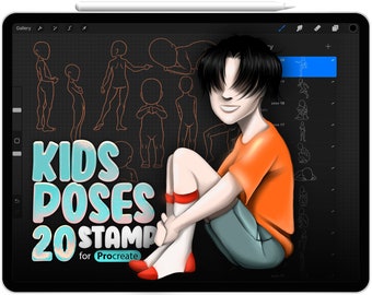 20 pinceles de referencia para poses de niños de Procreate, sello de poses de niños de Procreate, pincel de poses de niñas de Procreate