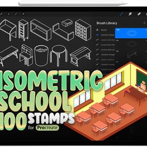 100 School Isometric Brush for Procreate, Room Isometric Brush for Procreate, Isometric 3D Interior Procreate Stamps Brushes