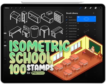 100 pinceles isométricos escolares para Procreate, pinceles isométricos de habitaciones para Procreate, pinceles de sellos isométricos 3D para interiores de Procreate