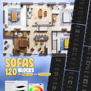 Peut inclure: Illustration d'un plan d'étage architectural détaillé avec des aménagements de meubles, dont des canapés, des tables et des chaises. L'image présente également une sélection de 120 blocs de canapés pour Procreate et Photoshop, avec une bibliothèque de pinceaux et une palette de couleurs.