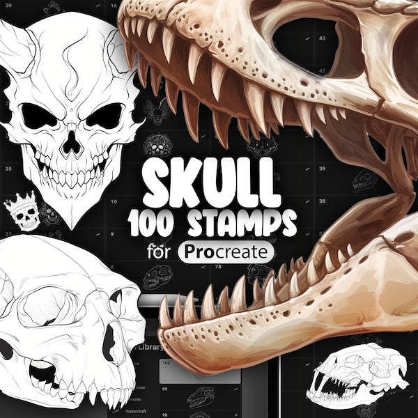 100 Procreate Schädel-Stempel | Procreate Tierschädel-Stempel | Procreate Totenkopf Tattoo Stempel Pinsel | Nachgemachte Dinosaurier-Schädel-Stempel