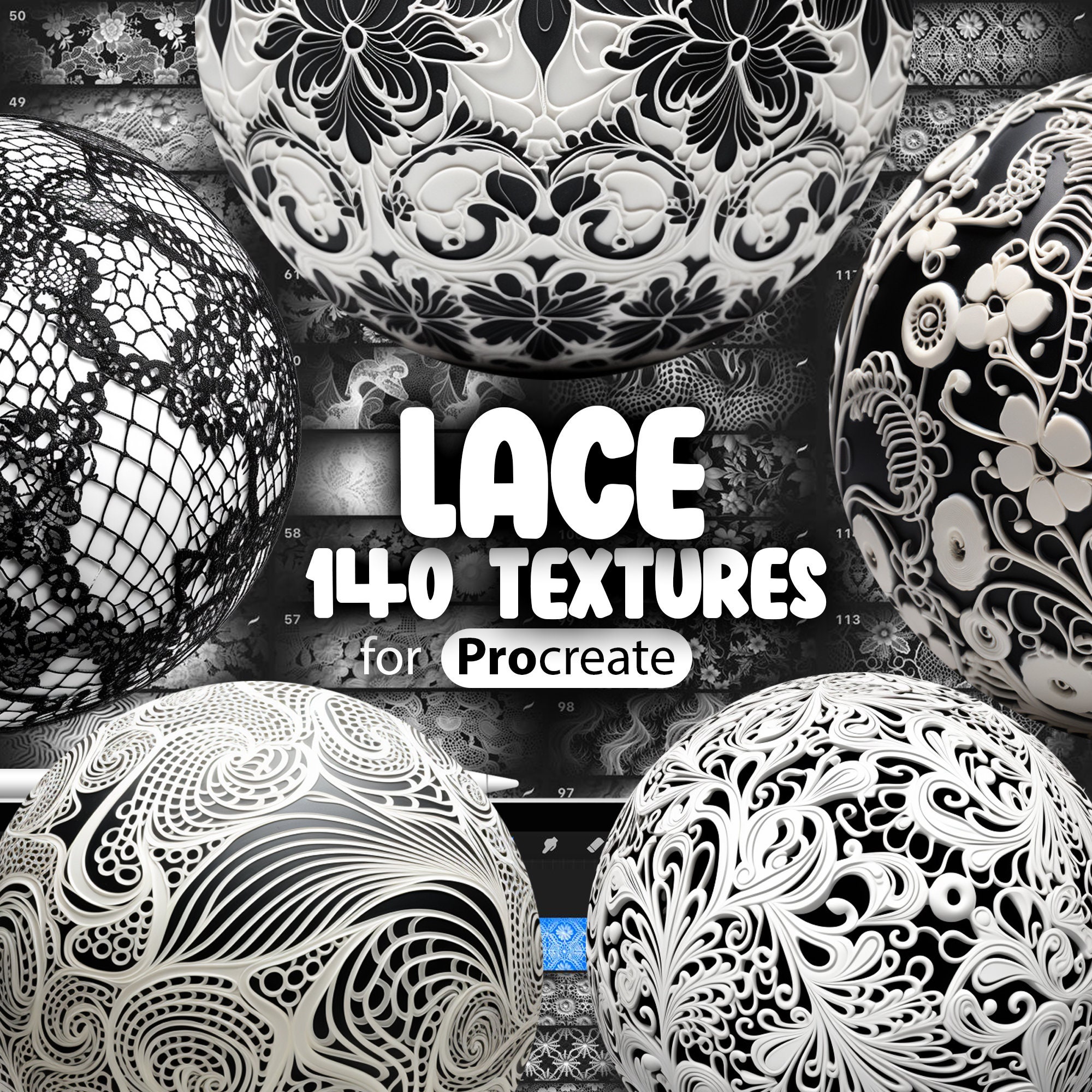 140 texturas de encaje para Procreate y pinceles sin costura | Patrones de encaje y texturas de malla