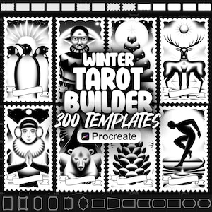 May include: A set of 300 winter tarot card templates for Procreate, featuring a variety of black and white illustrations. The templates include images of a deer, a pine cone, a person meditating, a polar bear, and a person with a crown.