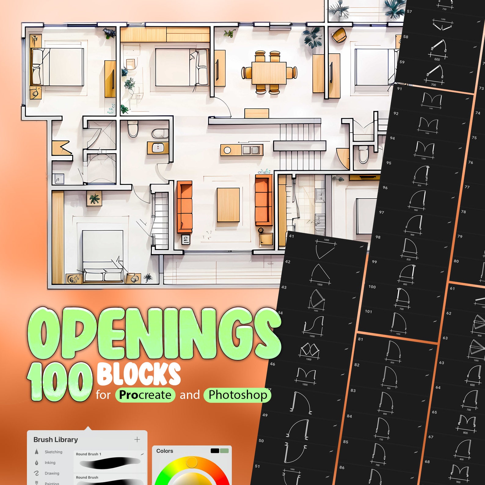 100 Openings Blocks Procreate Stamp Brushes, Furniture Blocks for Floor ...