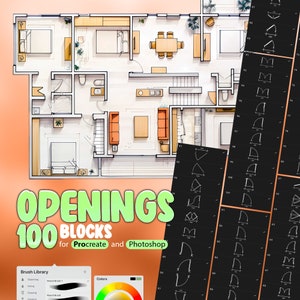 100 Openings Blocks Procreate Stamp Brushes, Furniture Blocks for Floor Plan Procreate Brush, Architectural Brushes, Interior Brush