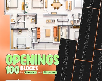 100 Openings Blocks Procreate Stamp Brushes, Furniture Blocks for Floor Plan Procreate Brush, Architectural Brushes, Interior Brush