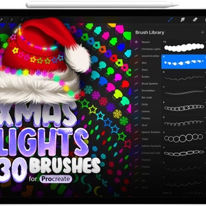 May include: A digital illustration of a Santa hat with colourful Christmas lights. The text "XMAS LIGHTS 30 BRUSHES for Procreate" is displayed below the hat. The image shows a digital art app interface with a brush library featuring 30 different brushes for creating Christmas lights.