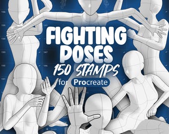 May include: A set of 150 fighting poses for Procreate, shown as white stick figures on a blue background. The text "FIGHTING POSES 150 STAMPS for Procreate" is in the center of the image.