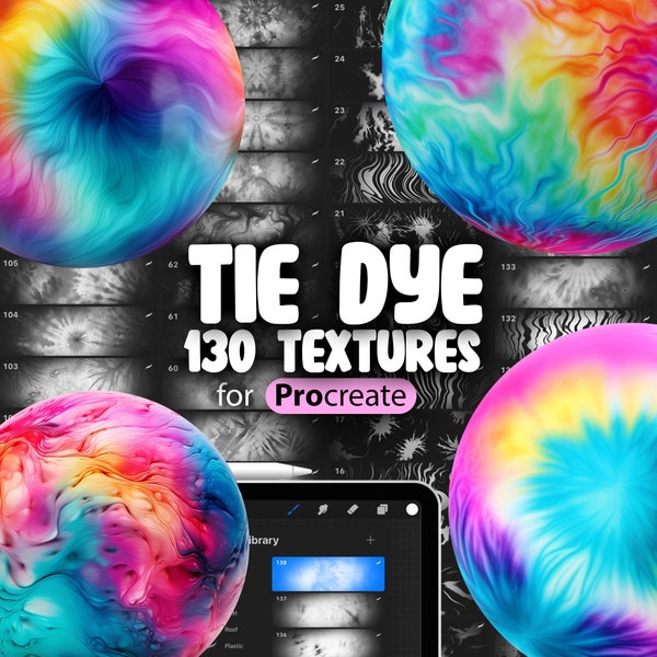 130 Procreate Tie Dye Textures | Spiral Tie-Dye Procreate Pattern Seamless Brushes | Bullseye Tie-Dye Procreate Brush | Crumple Tie-Dye