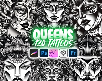 120 Sellos de tatuajes de Procreate Queens / Photoshop Fantasy Tattoo / Procreate Tattoo Designs / Procreate Women Tattoo / Plantillas de tatuajes