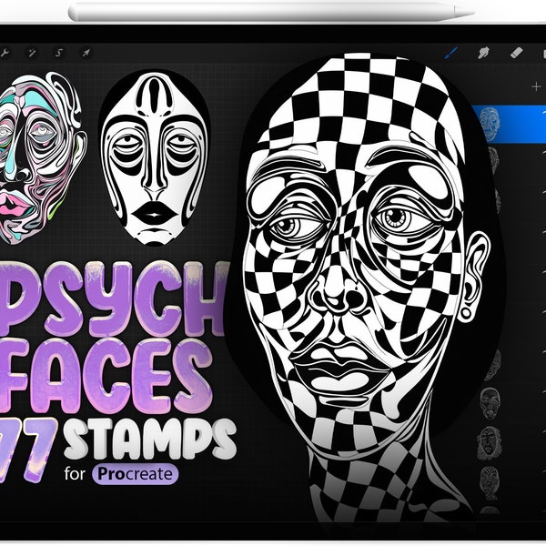 77 Procreate Psychedelic Faces Stamp Brushes, Procreate Psycho Woman, Procreate Psycho Man, Psycho Girl, Psycho Boy, Procreate Drugs Art