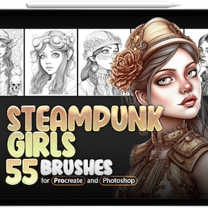 55 Steampunk Girls Procreate Brushes, 55 Steampunk Girls Photoshop Brushes, Steampunk Woman Stamp Brushes for Procreate