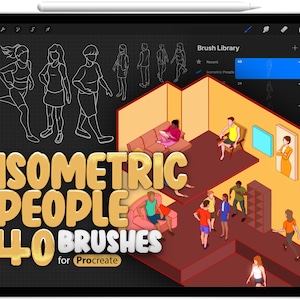 Op de afbeelding: Een digitale illustratie van een kamer met mensen erin. De tekst "ISOMETRIC PEOPLE 40 BRUSHES for Procreate" staat op de voorgrond. De afbeelding is een digitale illustratie van een set van 40 kwasten voor de Procreate-app.