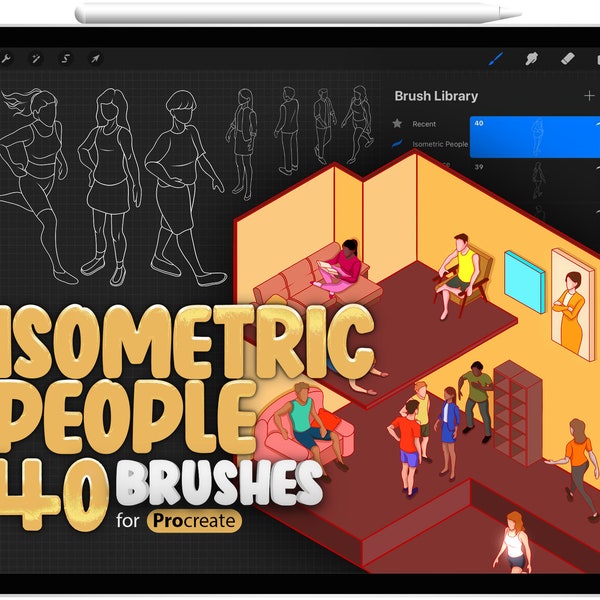 40 Isometric People Brush for Procreate, Room Isometric Brush for Procreate, Isometric 3D Interior Procreate Stamps Brushs, Woman, Man