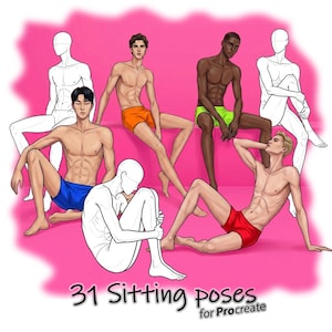 Può includere: Illustrazione digitale con figure maschili in varie pose sedute, che indossano pantaloncini colorati. Sono inclusi anche due disegni a linea di figure. Il testo "31 Sitting poses for Procreate" è in basso, su sfondo rosa.