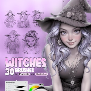 May include: A digital illustration of a witch with purple hair wearing a black hat with a green and brown floral design. The image is a product advertisement for 30 digital brushes for Procreate and Photoshop, titled "Witches 30 Brushes".