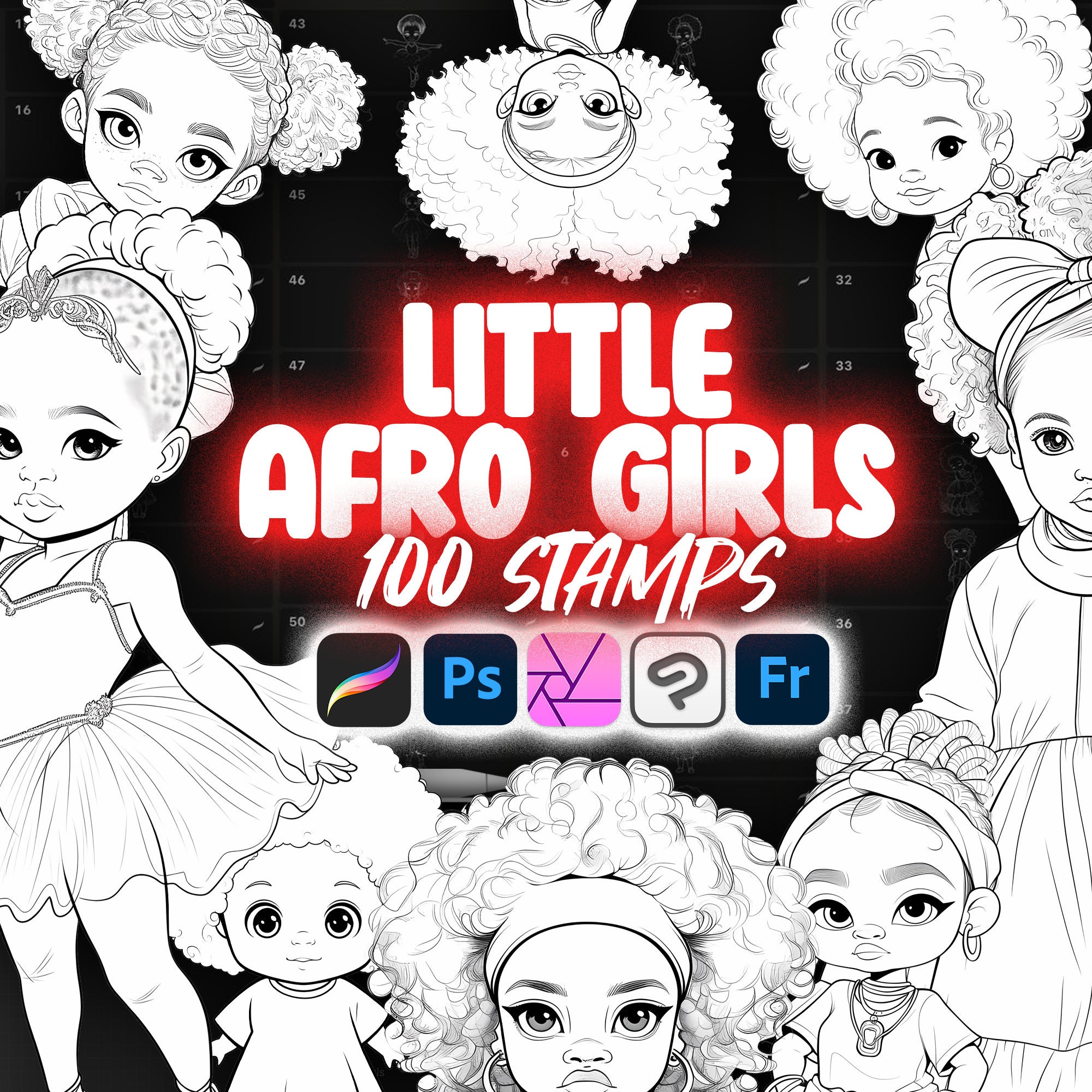 100 Procreate Afro Little Girls Stamps | Procreate Afro Kids Stamps ...