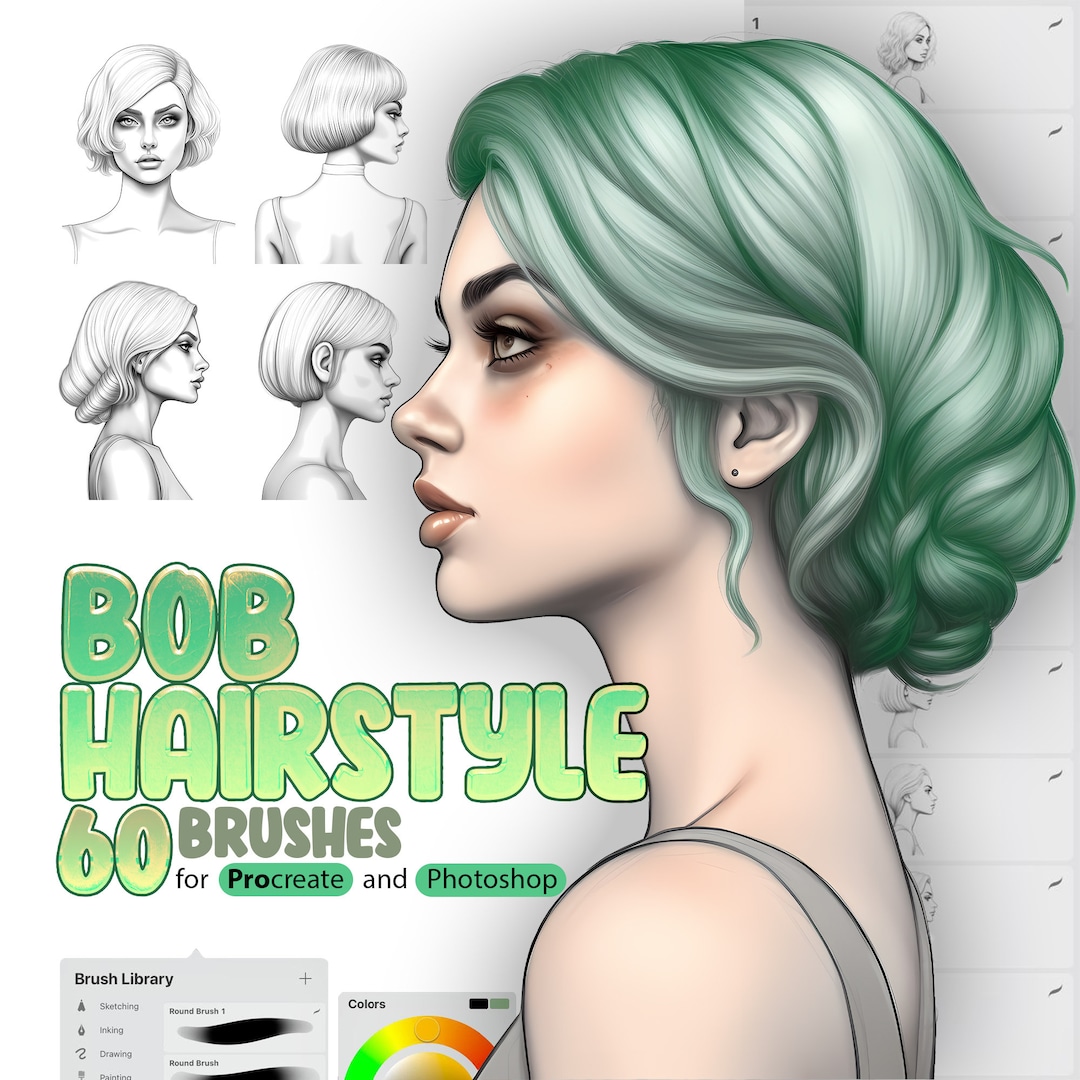 60 Bob Hairstyle Procreate Brushes, 60 Bob Hairstyle Photoshop Brushes ...