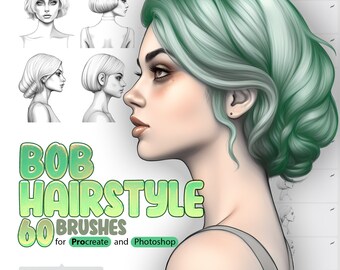 60 Bob Hairstyle Procreate Brushes, 60 Bob Hairstyle Photoshop Brushes, Beautiful Girls Hairstyle Procreate Stamp Brushes, Haircut Procreate