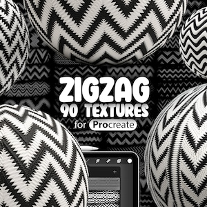 Puede incluir: Un conjunto de 90 patrones de zigzag en blanco y negro para Procreate, una aplicación de arte digital. Los patrones se muestran como esferas con una variedad de diseños de zigzag.