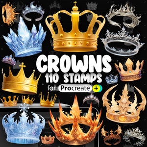 May include: A collection of 110 digital stamps featuring crowns in various styles and colours, including gold, silver, ice, and fire. The stamps are designed for use with the Procreate app.