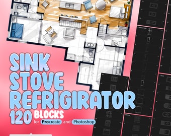 100 Sink, Refrigirator, Stove Blocks Procreate Stamp Brushes, Furniture Blocks for Home Floor Plan, Procreate Architectural Brushes