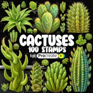 May include: A collection of 100 cactus stamps for Procreate, featuring a variety of cactus shapes and sizes in green hues against a black background. The text "CACTUSES 100 STAMPS for Procreate +" is displayed in white.
