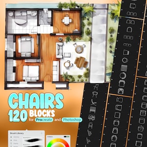 Peut inclure: Un ensemble de 120 illustrations de chaises pour Procreate et Photoshop. Les illustrations sont en noir et blanc et présentent une variété de styles de chaises. L'image comprend également une palette de couleurs et une bibliothèque de pinceaux.