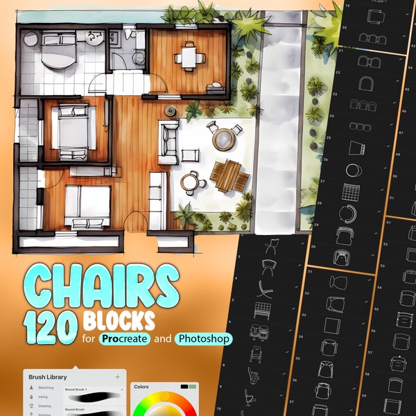 120 Chairs Blocks Procreate Stamp Brushes, Furniture Blocks for Homes Procreate Brushes,Architectural Brushes, Interior Stamps for Procreate