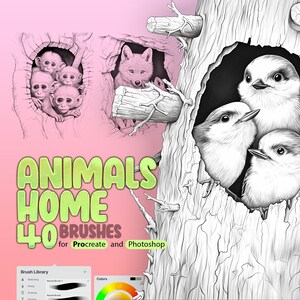 Peut inclure: Une illustration numérique d'un ensemble de 40 pinceaux pour Procreate et Photoshop, avec un fond rose, un tronc d'arbre et trois familles d'animaux : des singes, un loup et des oiseaux. Le texte "ANIMALS HOME 40 BRUSHES for Procreate and Photoshop" est affiché en vert et blanc.