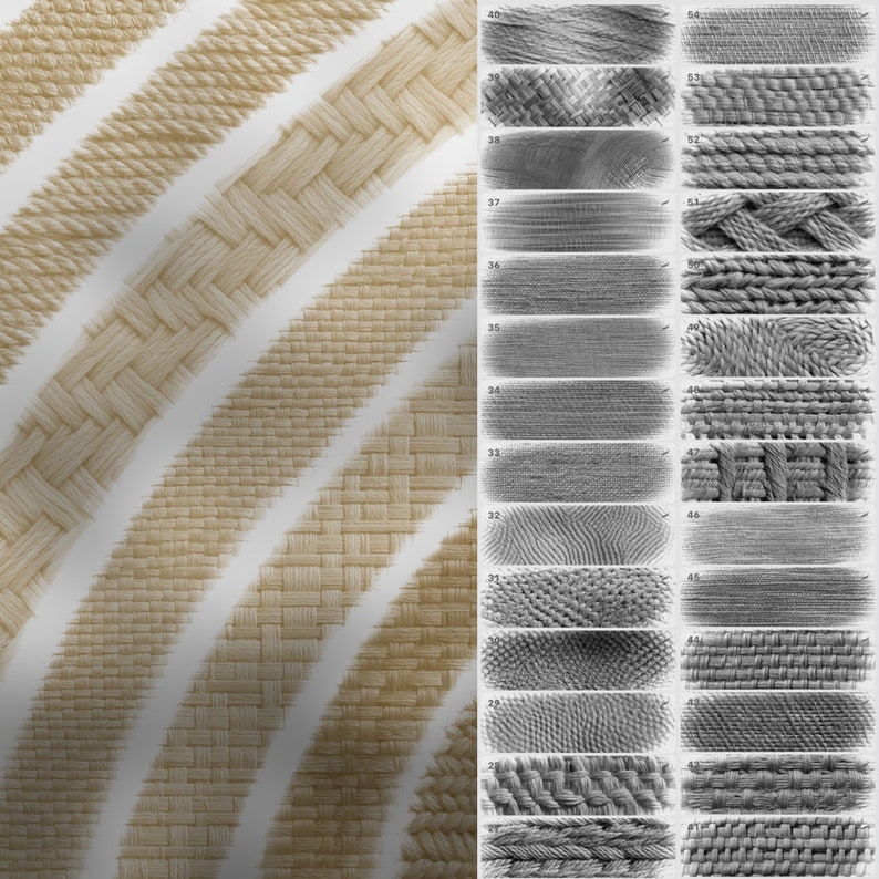 May include: A collection of 20 different woven fabric textures. The textures are shown in both a natural color and a grayscale version. The textures are arranged in rows and numbered from 20 to 54.